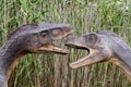 A model of a prehistoric dinosaur made available to visitors to a Jurassic park to learn about the history.