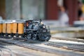 Toy Train on the Track and Model Railroad Exhibit Royalty Free Stock Photo