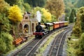 a model railway layout with a toy passenger train