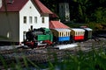 Model railway station with old train and wagons in MiniSlovakia Park in Liptovsky Jan.