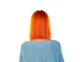 Model with red hair and bob haircut styling. Back view.