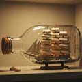 A model sailing ship displayed inside a clear glass bottle, set on a shelf. The ship Royalty Free Stock Photo