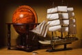 Model sailing ship and old globe Royalty Free Stock Photo