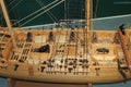 A model of a ship displayed at the fortress of Louisbourg with cannons rigging and anchors shown