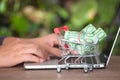 A model of a shopping cart full of euro bills next to a laptop with both hands typing Royalty Free Stock Photo