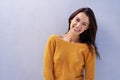 Model, smile and mockup with fashion, trendy and proud with sweater for comfort. Woman, happy and positive with natural Royalty Free Stock Photo
