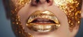 Model in stunning gold liquid makeup drips on lips and nails for metallic glamour look