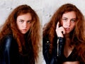 Model tests. Beautiful redhead girl with curly hair. Natural color. The bold and the harmful look, a black leather Royalty Free Stock Photo