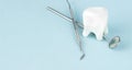 Model of tooth and Dentist\'s medical equipment tools on blue background. Dental hygiene. Cure concept. Dentist tools. Dental Royalty Free Stock Photo