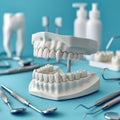 Model tooth surrounded by various dental tools on a blue surface