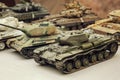 Model toy miniature Soviet Tanks. Various camouflage Military Tank panzer models Royalty Free Stock Photo