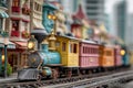 Model train on tracks with a detailed, vibrant miniature village in background Royalty Free Stock Photo