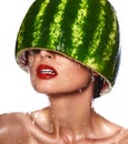 Model with water-melon on head Royalty Free Stock Photo