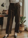 Model wearing Corduroy pants brown loose fit dark brown color paired indoor