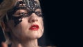 Model Wearing A Masquerade Mask And Red Lipstick Closeup Head Shot Fancy Costume