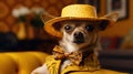 Model wearing sunglasses. Chihuahua dog wearing funky fashion dress with copyspace Royalty Free Stock Photo