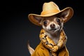 Model wearing sunglasses. Chihuahua dog wearing funky fashion dress with copyspace Royalty Free Stock Photo