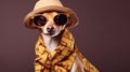 Model wearing sunglasses. Chihuahua dog wearing funky fashion dress with copyspace Royalty Free Stock Photo