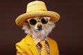 Model wearing sunglasses. Chihuahua dog wearing funky fashion dress with copyspace Royalty Free Stock Photo