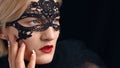 Model Wearing A Venetian Masquerade Mask And Red Lipstick Closeup Head Shot