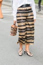 Model wears a pair of golden and black stripes trousers as well as an original semi-transparent handbag