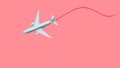 Model White plane in flight on a beautiful pink pastel background, flying with a contrail, copy space. Airline travel concept