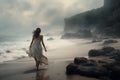 woman storm beach cloud summer sand nature sky sea ocean dress. Generative AI.