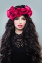 Model Woman with Long Healthy Hair Wearing Summer Wreath