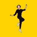 Graceful Woman Balancing in Minimalist Black Outfit, Elegant Female Pose with Yellow Background in Flat Style Royalty Free Stock Photo