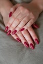 Model woman showing red shellac manicure on long nails Royalty Free Stock Photo