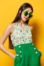 fashion woman stylish sunglasses beautiful positive style happy young emotion yellow