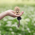 model of a wooden house in female hands on a natural background, the key to a new house, moving to a new house, mortgage Royalty Free Stock Photo