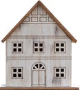 Model Wooden House with white paint on white background,Isolated Small wood toy home, Miniture Cottage, Element for Royalty Free Stock Photo