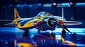 Model of yellow and blue plane on blue floor with lights. Generative AI Royalty Free Stock Photo