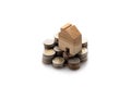 Modeled wooden house placed on a stack of coins