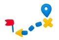 Modeling clay navigation sign on white background. Child hobby road transportation icons.