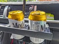 Modelo beer can in the car Playa del Carmen Mexico