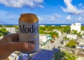 Modelo beer can cityscape caribbean beach panorama Playa del Carmen