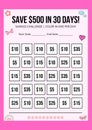 Save money challenge, Save 500 dollars in 30 days, Monthly Budget Tracker, white background Royalty Free Stock Photo