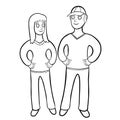 Models of a pair of girls and men arm in arm. vector illustration