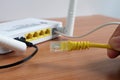 Modem router wifi wireless connect lan cable On wooden Royalty Free Stock Photo