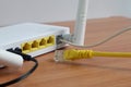 Modem router wifi wireless connect lan cable On wooden