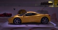 Modena, Italy - July 14, 2021: Yellow racing Ferrari 458 model high-performance Italian sports car in a dark hangar in Museo Casa