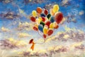 Oil painting young woman girl with multicolored balloons stands on cloud in sky. Royalty Free Stock Photo