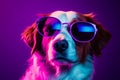 Modern abstract animal portrait, dog with sunglasses on neon purple background. Funny concept