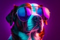 Modern abstract animal portrait, dog with sunglasses on neon purple background. Funny concept