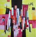 Modern Abstract Art - City Town Geometric Landscape - Yellow Red White Colors