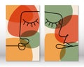 Modern abstract art face. Home decor design. Hand drawn watercolor effect painting shapes and line art faces