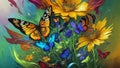 Modern Abstract Art Using a Vibrant Butterfly and Flower Effect Evolving into Colorful 3D Like Dynamic Thick Oil Splash, Spray and