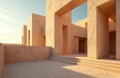 Modern abstract building features beige stone architectural design. Geometric shapes create unique structure with walls, columns, Royalty Free Stock Photo